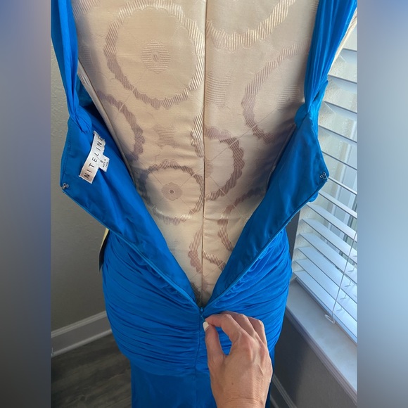 NWT, Designer 100% Silk Chiffon Blue Hi Lo Hem Evening Gown Dress, Size 8 - Picture 9 of 16